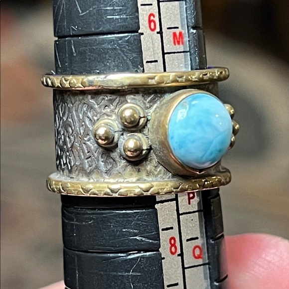 Vintage Boho Larimar Mixed Metal Brass Sterling Silver Wide Cigar Band Ring - Picture 3 of 6